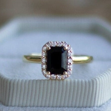 Victorian Style Black Spinel Emerald Cut Lab Diamond Proposal Ring 14K Yellow Gold Simple Gem Promise Ring For Her Christmas Jewelry Gift