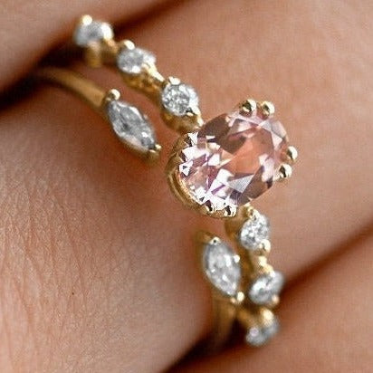 Morganite Diamonds Bridal Ring Set Engagement Ring Set Wedding Ring Set Anniversary Ring Set Matching Band