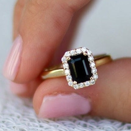 Modern Designer Ring Big Emerald Cut Baguette Black Spinel Diamonds 7 x 5 mm