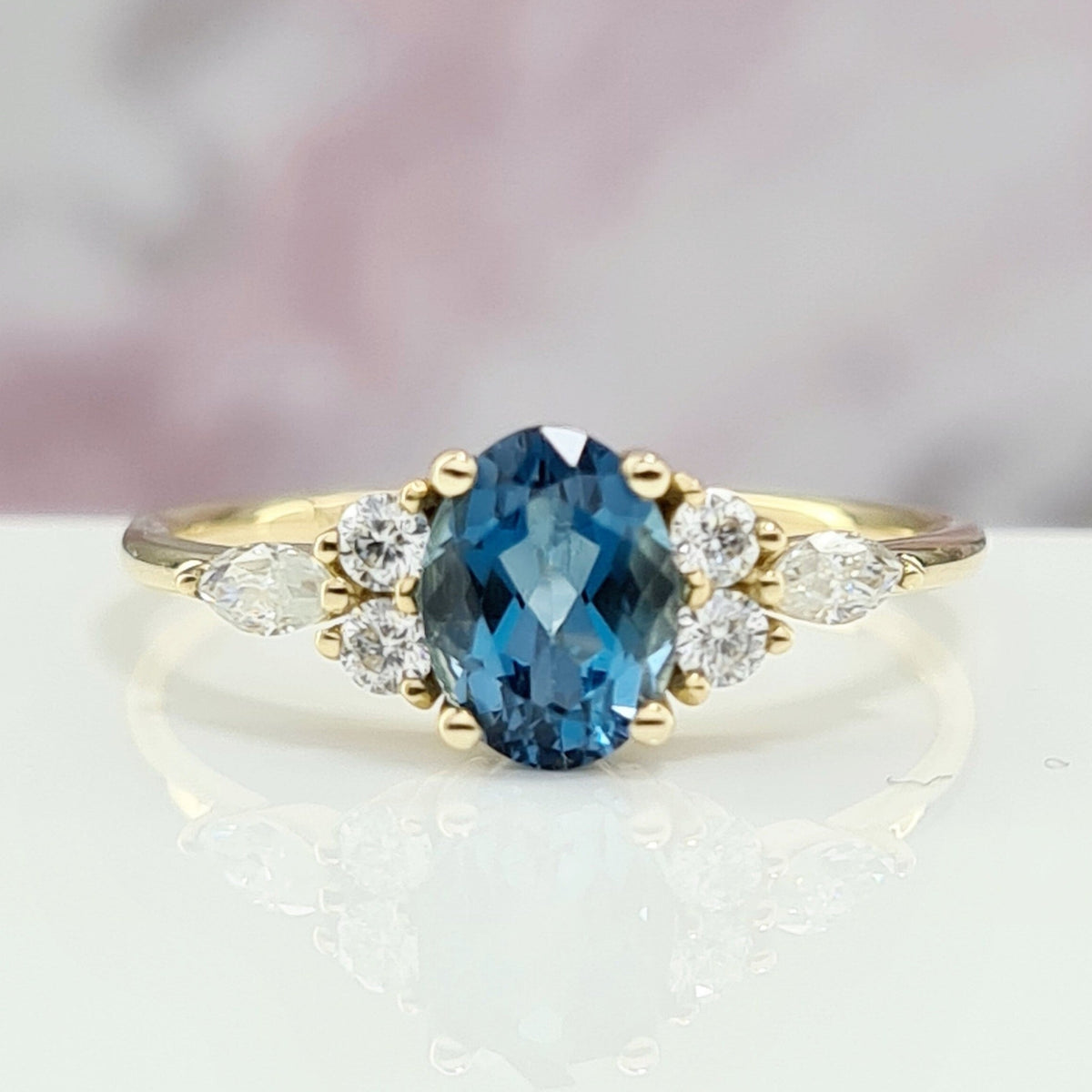 Topaz Oval Promise Ring, Blue London Minimalist Engagement Ring, Blue Anniversary High End Jewelry Ring