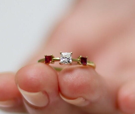 Minimal Small Ruby and Diamond Princess Cut Anniversary Ring  Gift