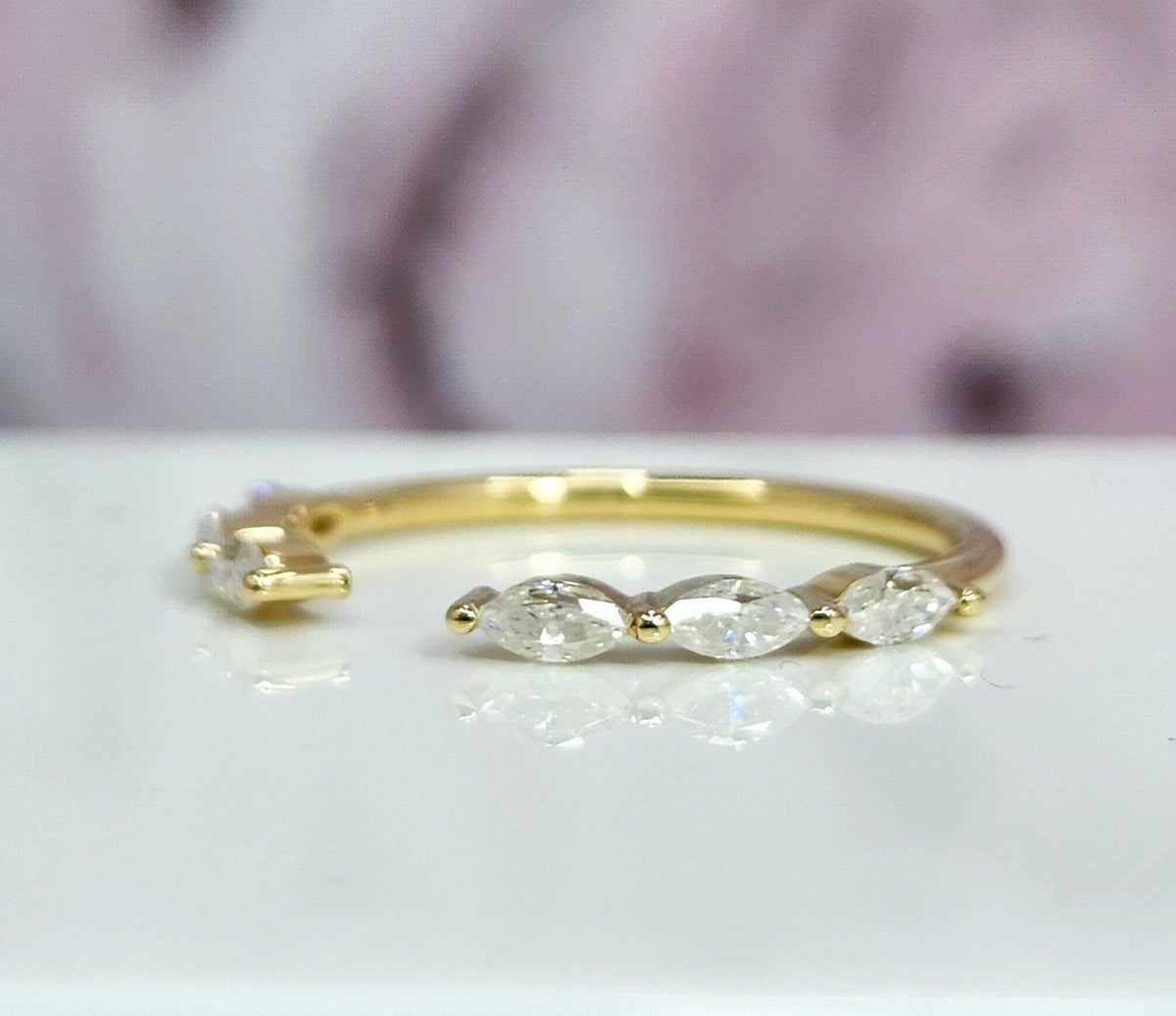 14K Solid Gold Open Diamond Moissanite Wedding Ring, Wedding Band Guard Ring, Minimalist Stacking Ring, Unique Diamond Wedding Band