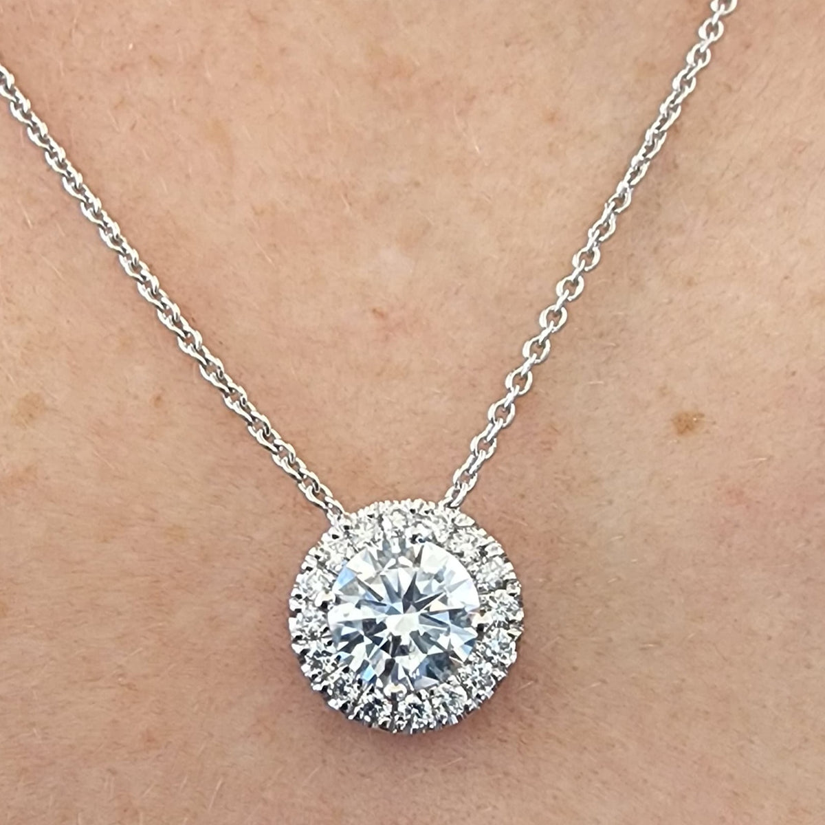 1ct Round Lab Diamond Halo Pendant, E VS1, 14K White Gold