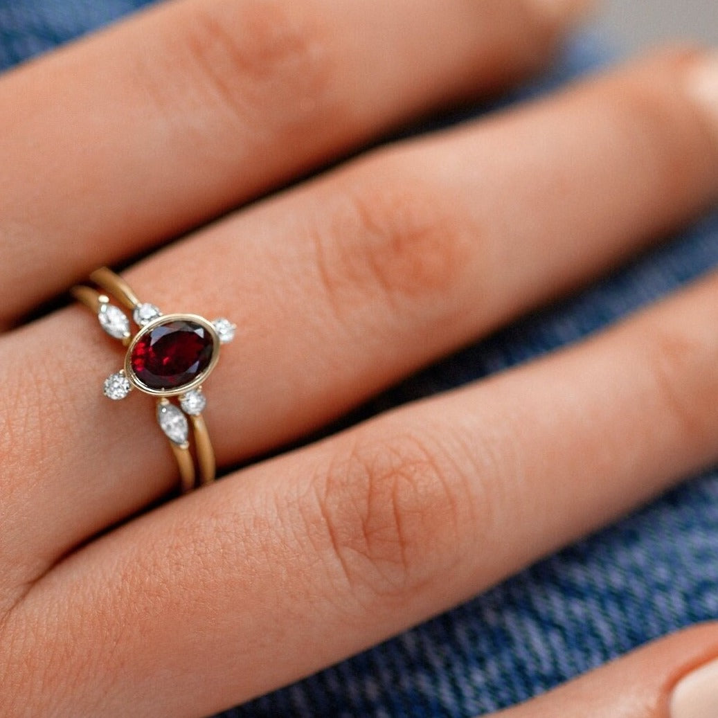 Dainty Rings Set Engagement Wedding Rings Set, Matching Band Two Rings Set, Red Garnet Rings Set, Oval Rings Set