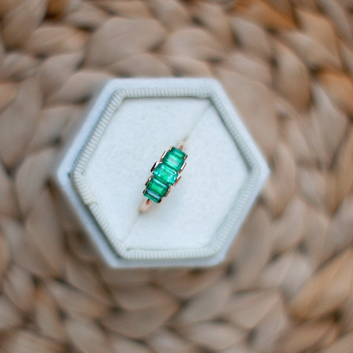 Dainty 14k Rose Gold 5 Green Emerald Baguette Ring Modern Ring