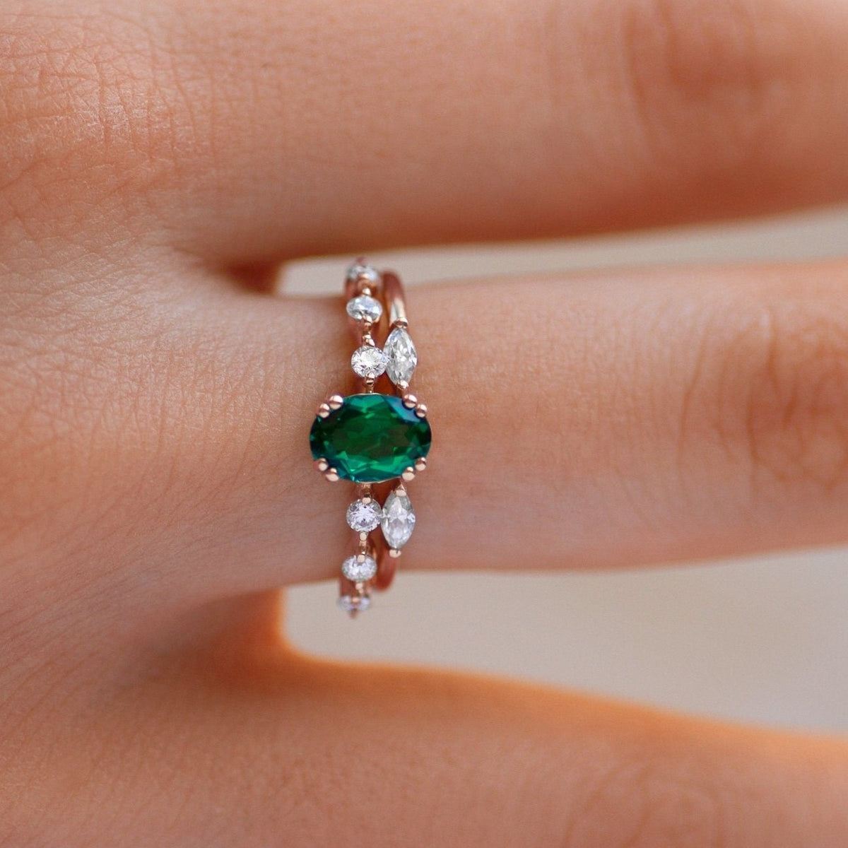 Emerald Oval Engagement Wedding Ring Set for Bridal Future Wife Ring Set