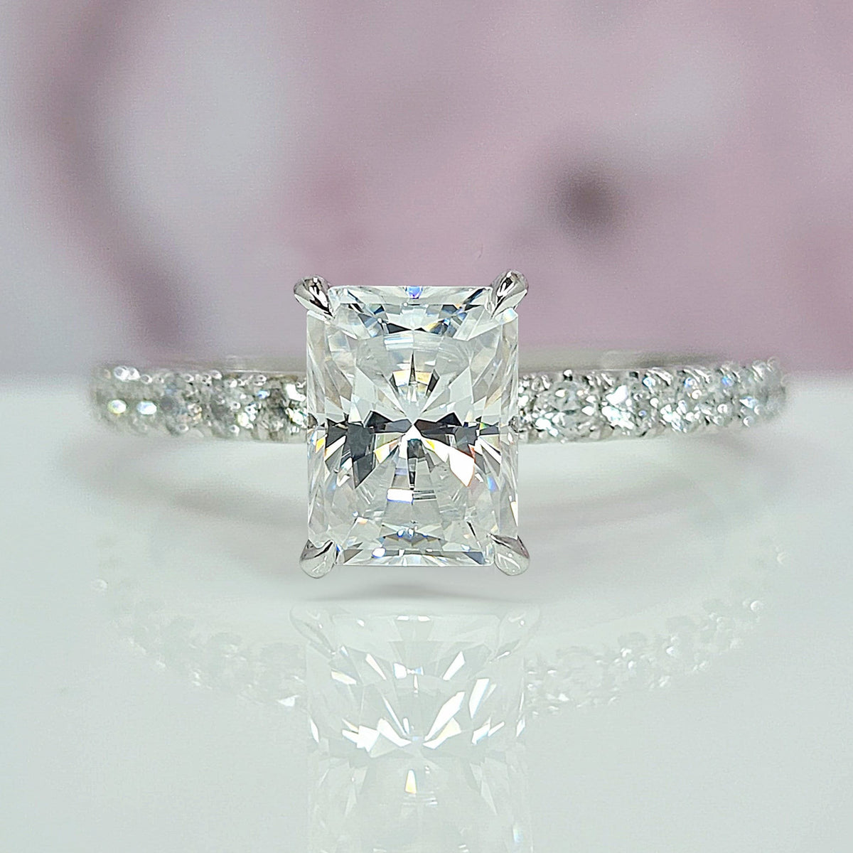 One Carat Elongated Radiant Moissanite Diamond Engagement Ring 6.5 x 5.5 mm VVS 14K White Gold