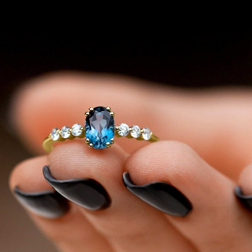 Dainty Oval Engagement Ring Blue Topaz Lab Diamonds Ring