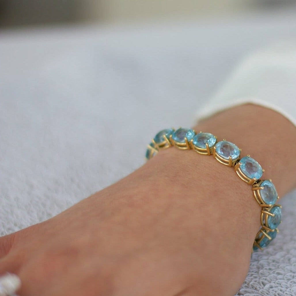 56 Carat Luxurious Wedding Bracelet for Bride on Wedding Day Blue Topaz Swiss Solid Gold Royal Style Fine Jewelry