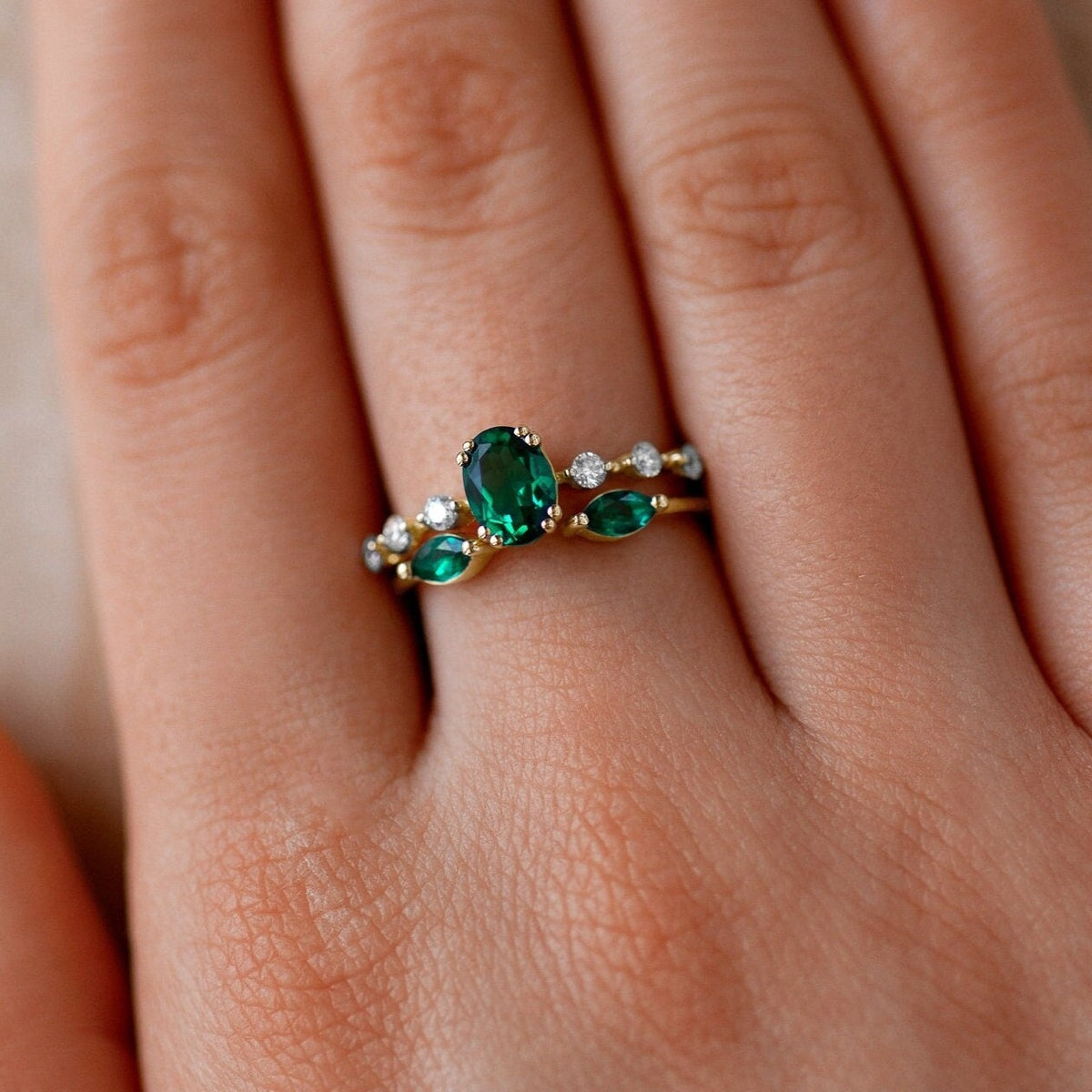 Green Emerald Gemstone Bridal Rings Set 14k Gold Amazing Oval Rings Set