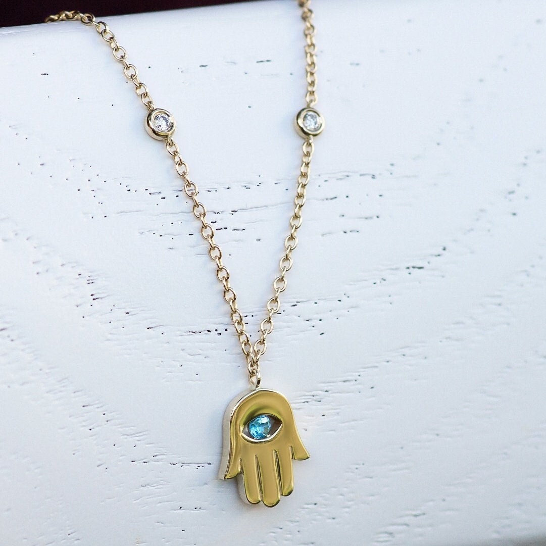 Hamsa Evil Eye Gold Necklace Hand of Fatima Handmade Kabbalah Jewelry