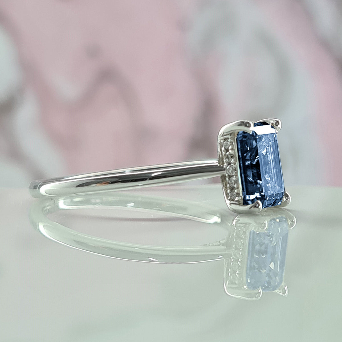 1 Carat Natural sapphire Emerald Cut  Engagement Ring, Unique Ring For Her, Real Side Diamond