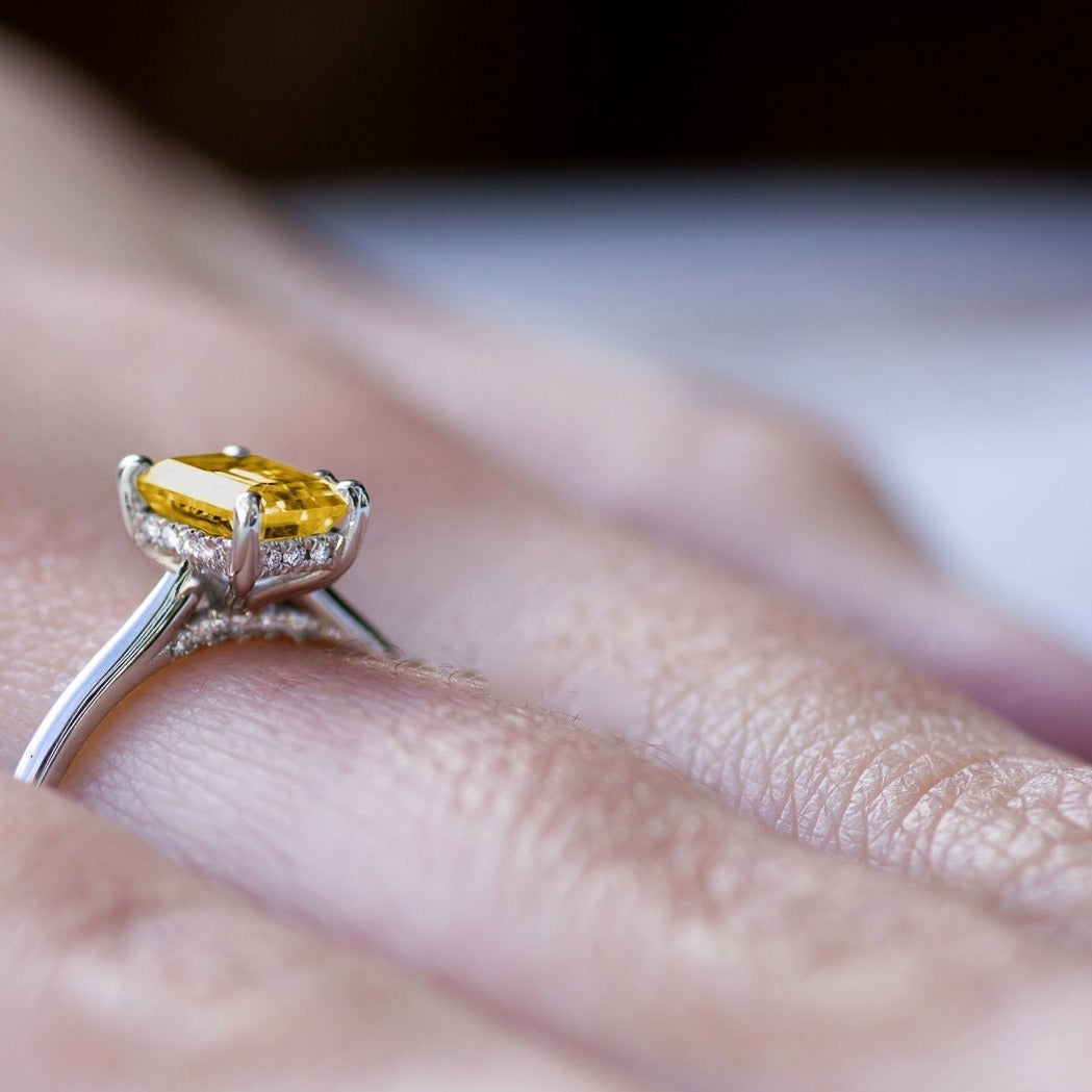 Emerald Shape 1 ct Yellow Diamond Anniversary Ring for My Wife Fancy Color Intense Yellow Lab Diamond