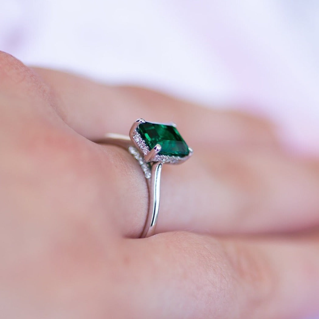 Large Green Emerald Square Solitaire Ring High Lift Settings Emerald Shape Engagement Ring