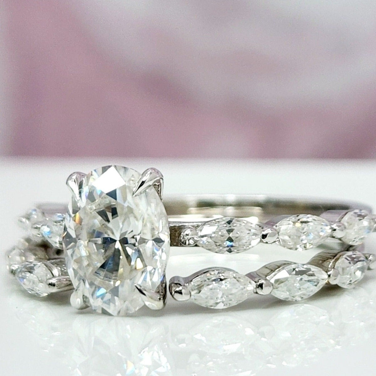 Unique Oval Diamond And Marquise  Diamond Ring  1.30 Carat Lab Grown Diamonds Bridal Wedding And Engagement Ring Set 14K 18K White Gold