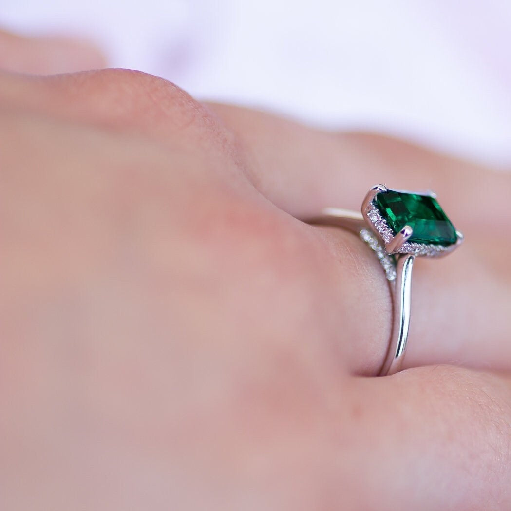 1.5 Carat Square Emerald Engagement Ring Elongated Green Ring