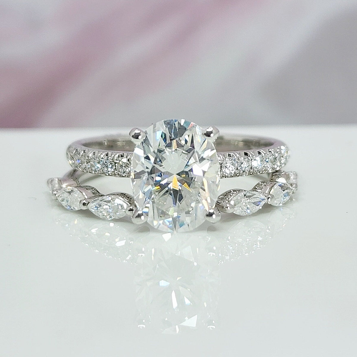 Pretty Oval Engagement Bridal Wedding Ring Set with Lab Diamonds Open Rings