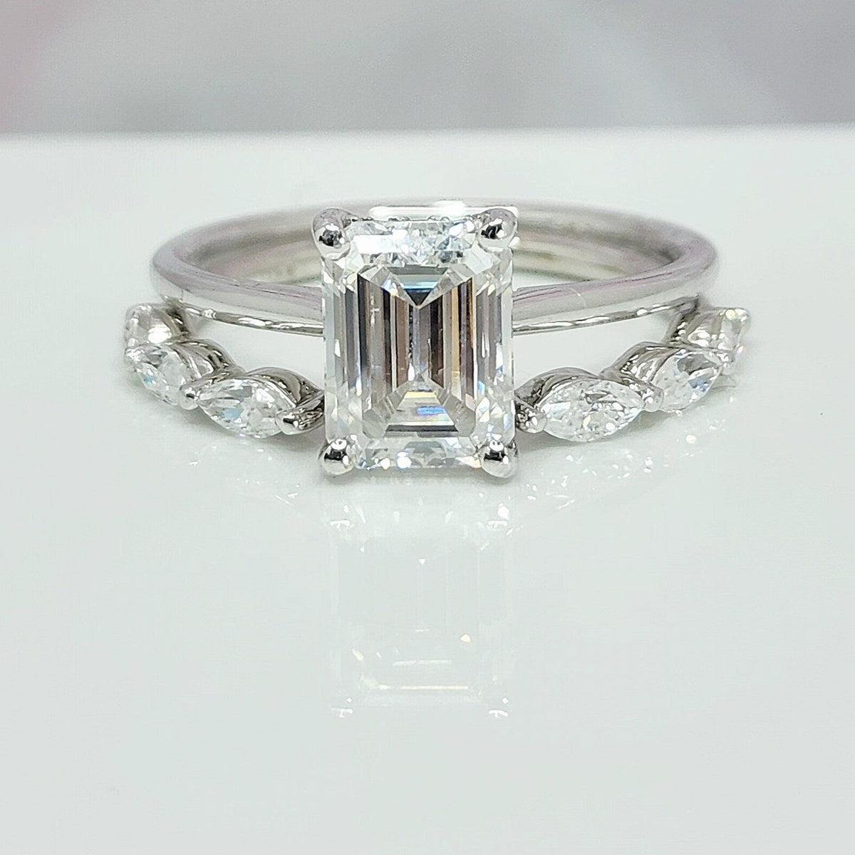 2 Rings Set 1 Carat Dainty Emerald Cut Diamond Engagement Ring Set High End Open Nesting Gold Marquise Ring