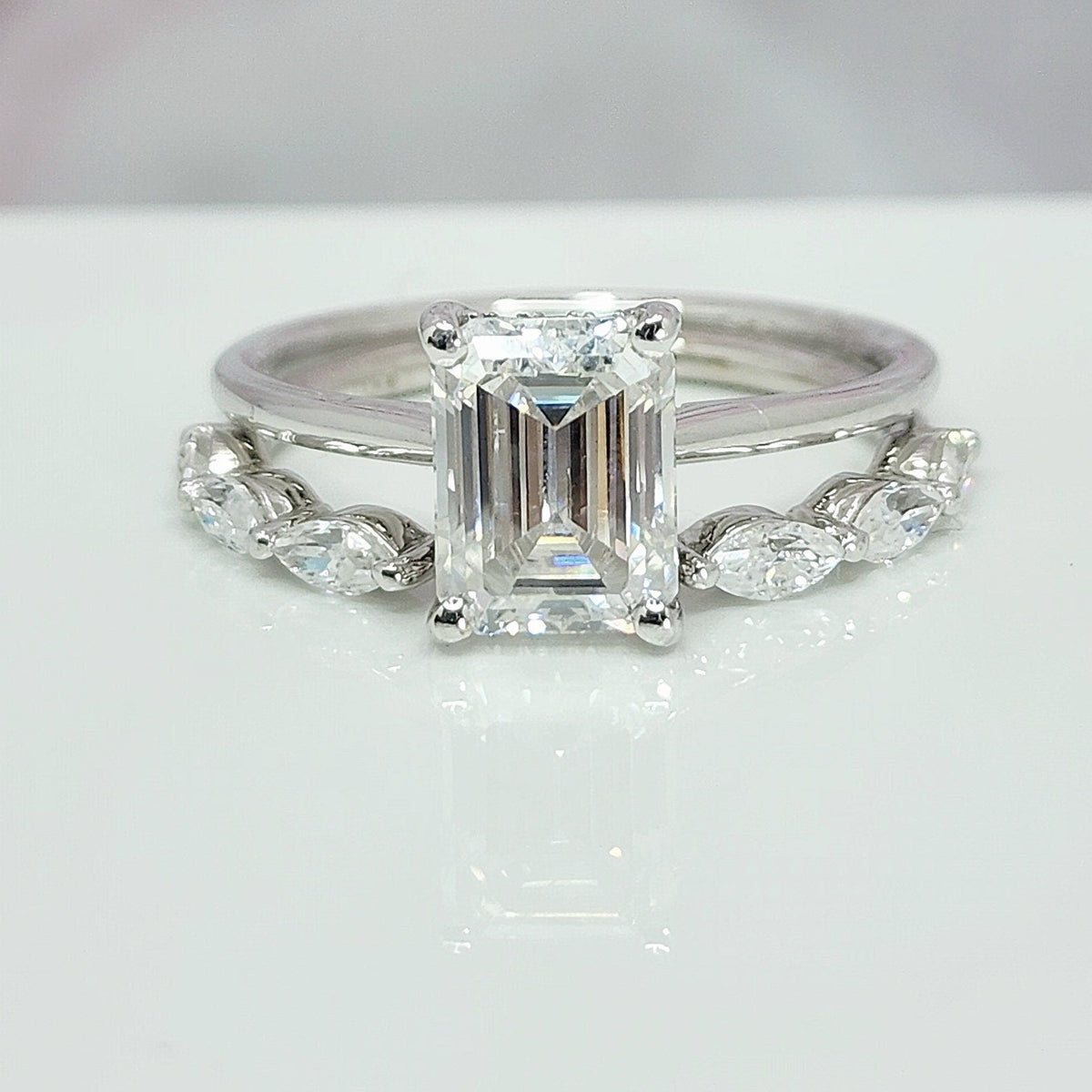 1.5 Carat Dainty Emerald Cut Diamond Engagement Ring Set High End Open Nesting Gold Marquise Ring