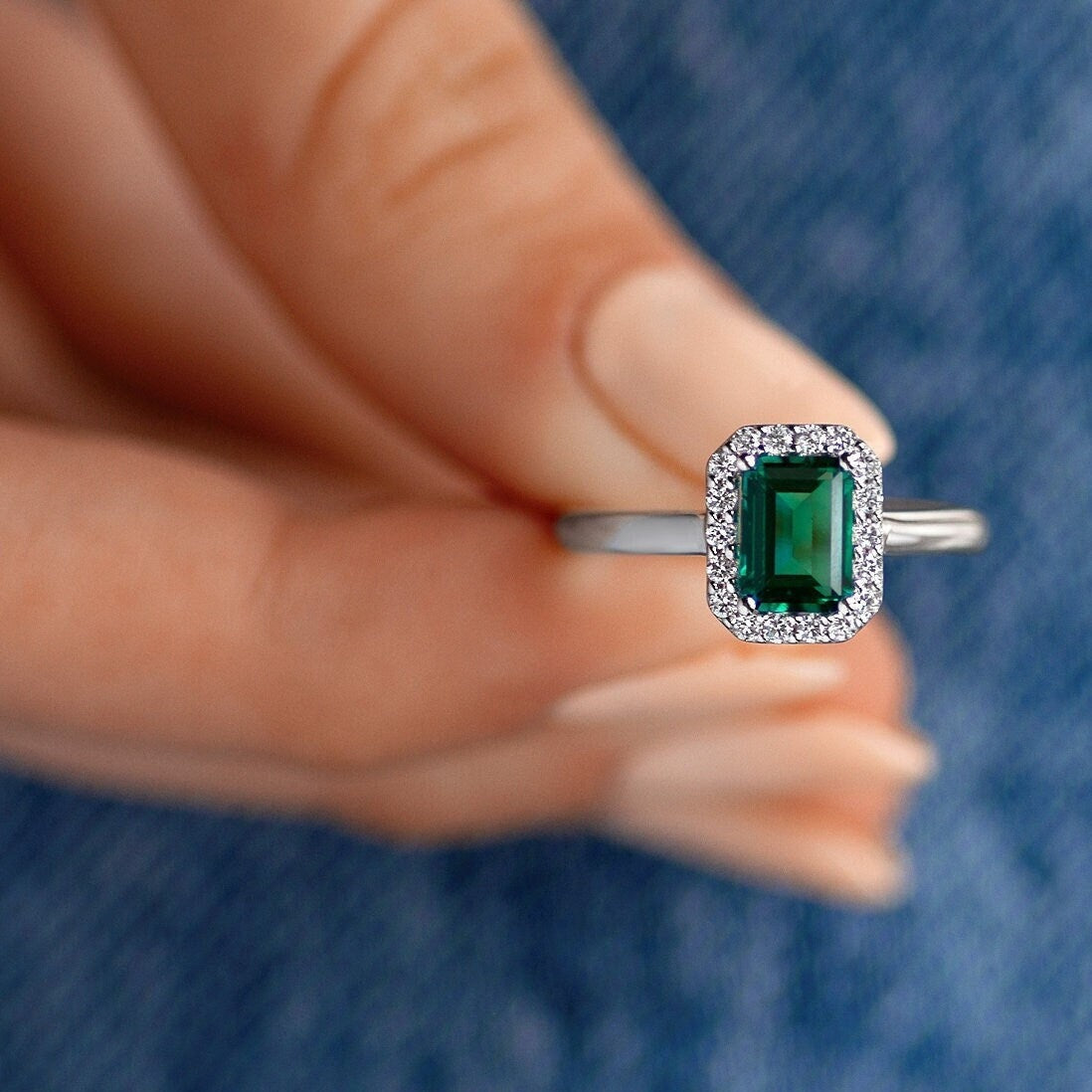 Classic Green Emerald and Diamonds Engagement Statement Ring