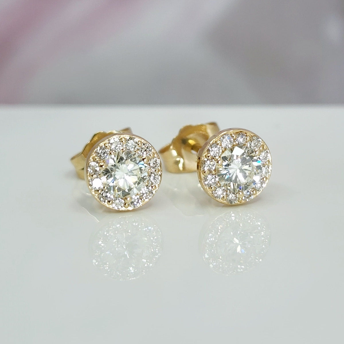 Round Halo Stud Diamond Earrings/ Lab Diamond/ 14K Yellow Gold Stud Earrings/ Screw back Stud Earrings/Bridal Earrings/ Eco-Friendly