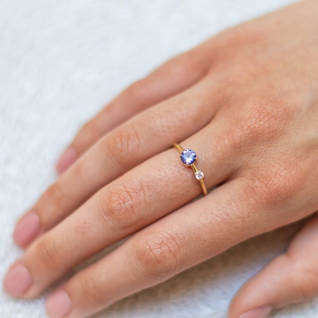 Tanzanite Ring 14K, Blue Gem Ring Woman, Small Diamond Gemstone Ring, Designers Gem Gold Ring, Special Occasion Ring, Proposal Ring Her