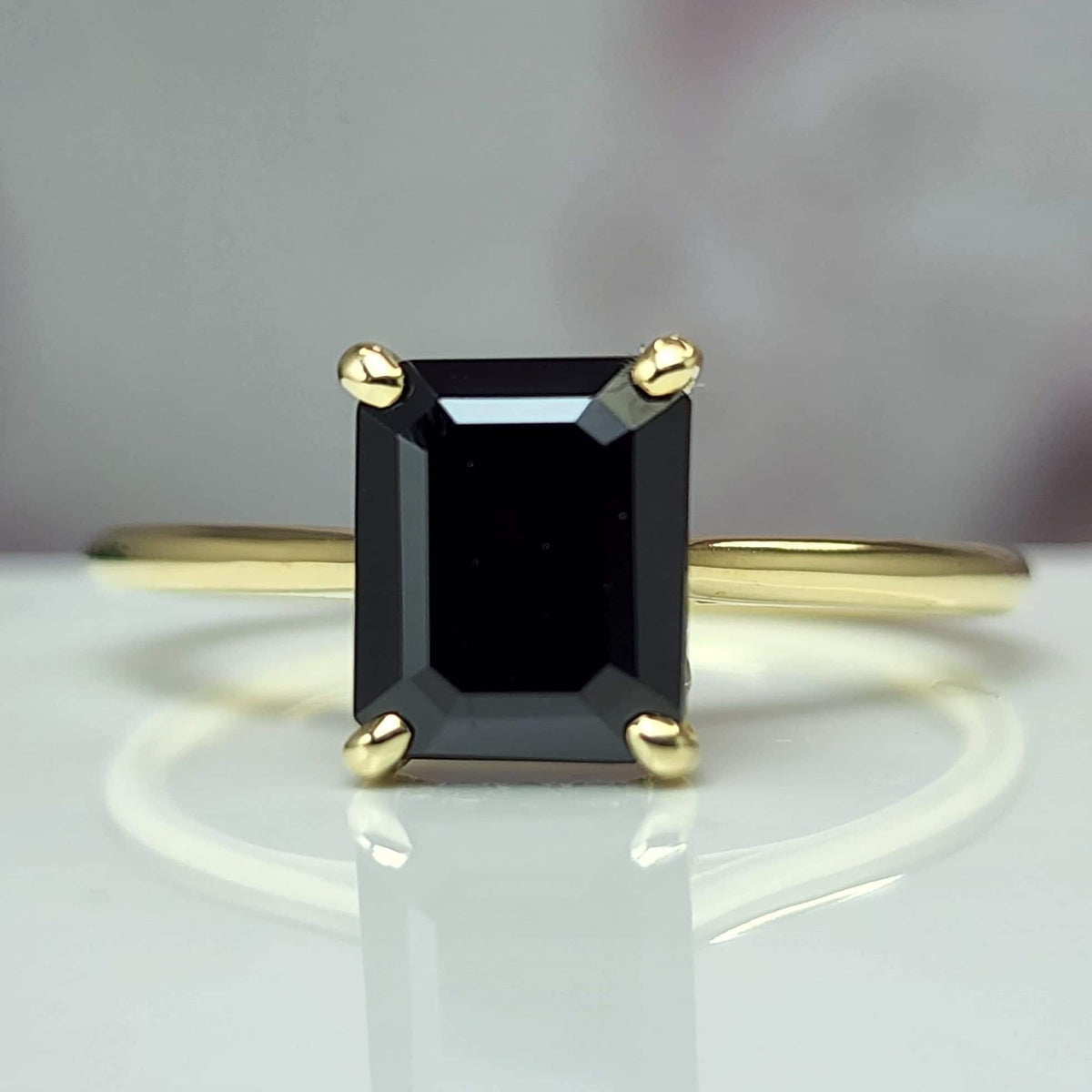 Hidden Halo Black Emerald Cut Diamond Engagement Ring Yellow Gold 14K  18K  Hidden Halo Emerald Cut Natural Black Diamond Ring Gift