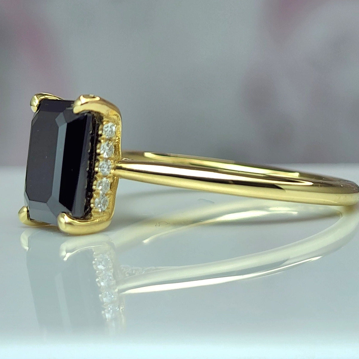 Black Emerald Cut Diamond Engagement Ring Yellow Gold  Hidden Halo Emerald Cut Natural Black Diamond Ring Gift Proposal Ring Unique Ring