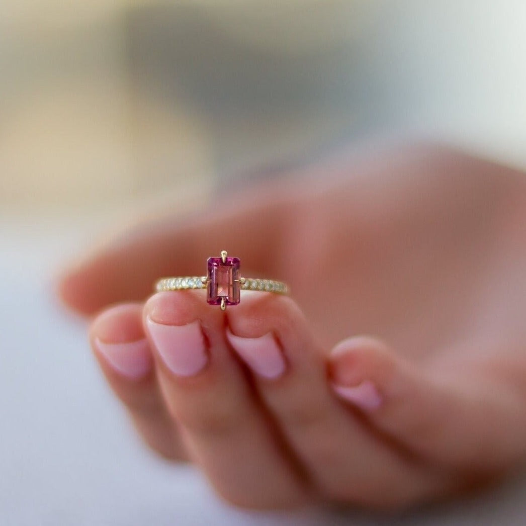 Lovely Pink Tourmaline Baguette Cut 14 Yellow Gold Anniversary Ring For Her