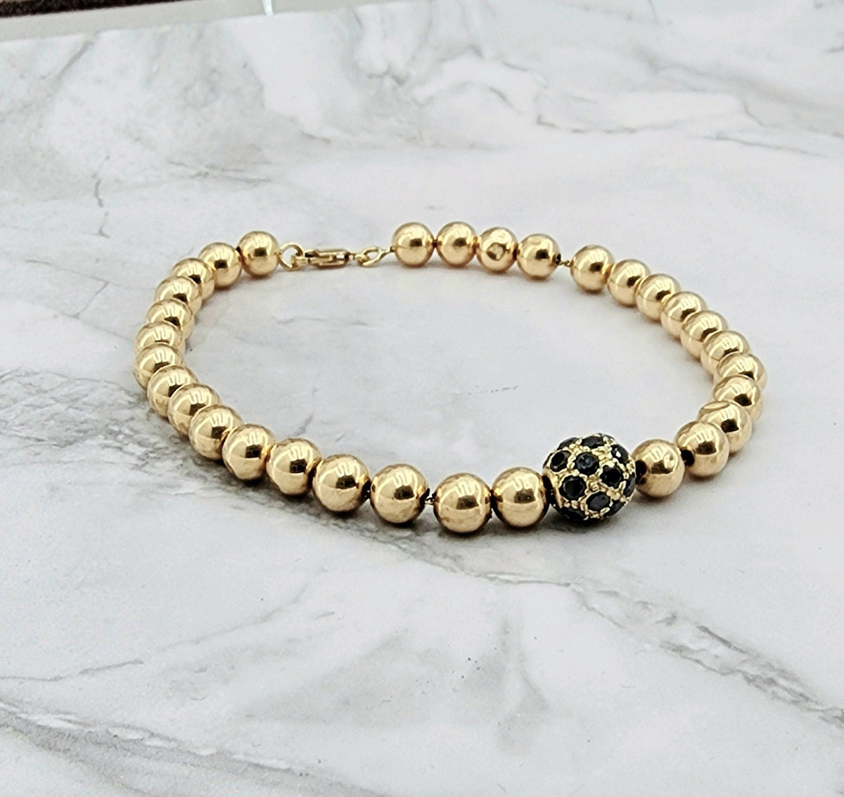 Bracelet With 14K Gold Balls, Gold Ball Studded With Black Diamonds, A Gift For Her Or Him,